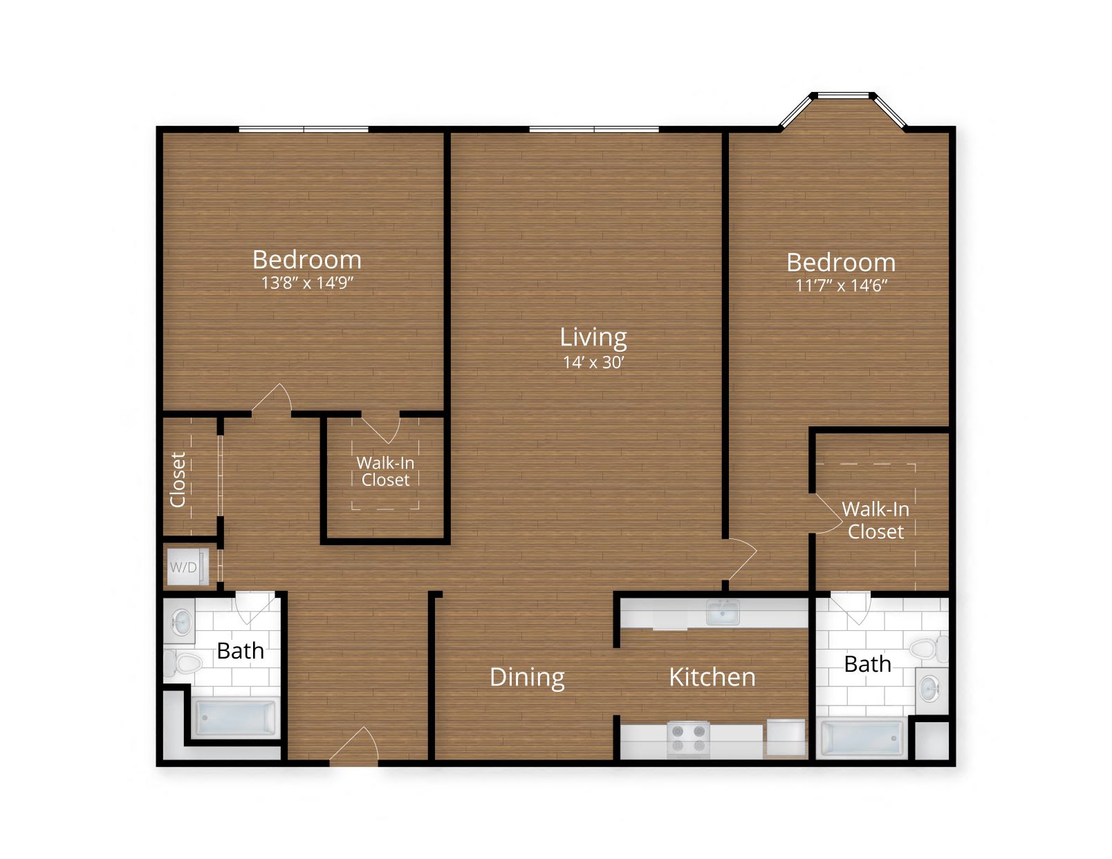 Floor plan for 2 beds, 2 baths, 1275 sqft